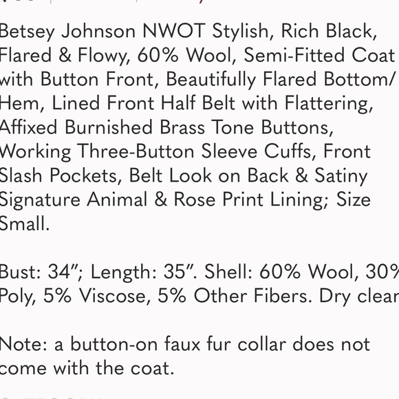 Vintage Betsey Johnson Coat Size: Small, NWOT, Black, Stylish, slightly flared - Picture 10 of 10
